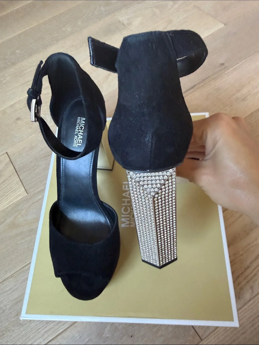 Michael Kors Black Suede Platform Sandals with Mirrored Block Heel